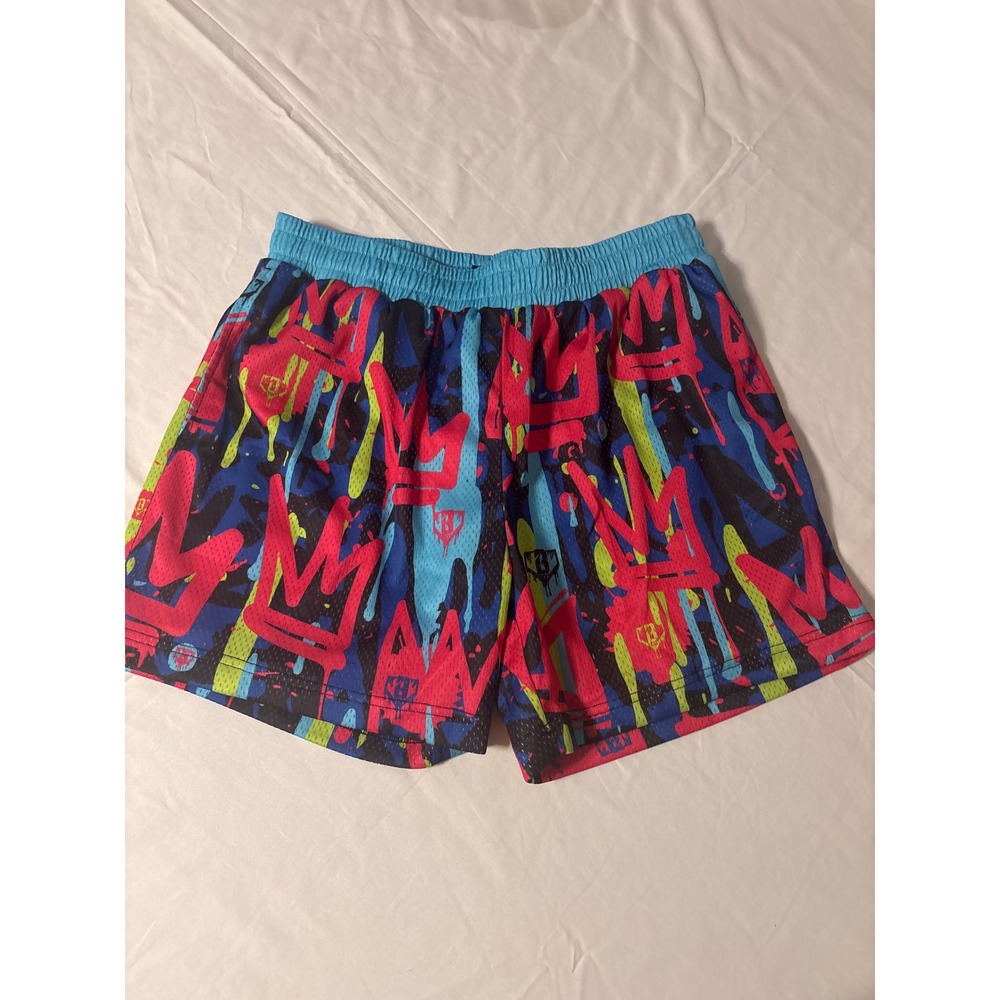 B101 Apparel Mesh Shorts Mens Large Blue Pink Excellent Graffiti Crown Graphic